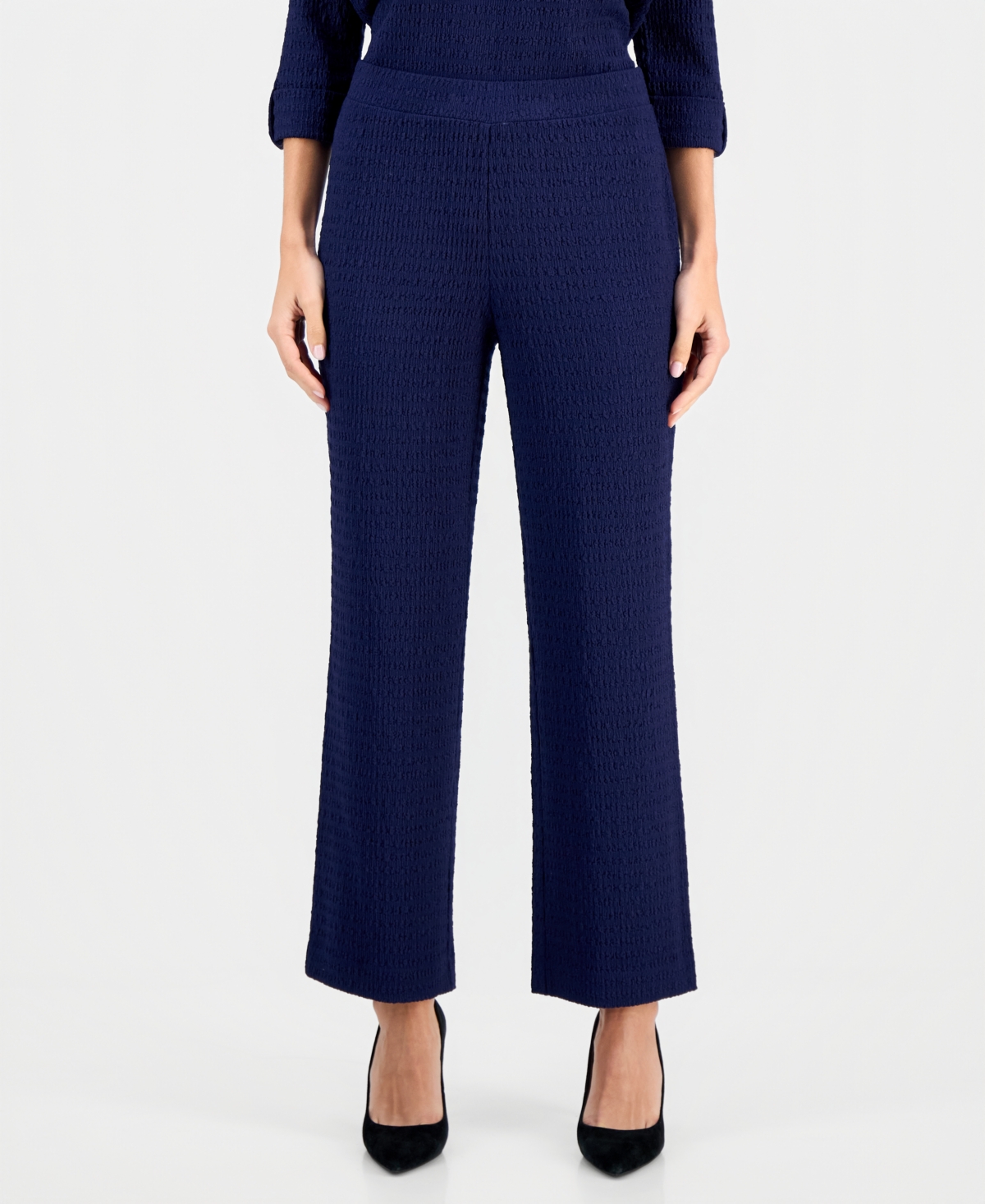 Ak Anne Klein Petite Ridge Knit Pull-On Wide-Leg Pants
