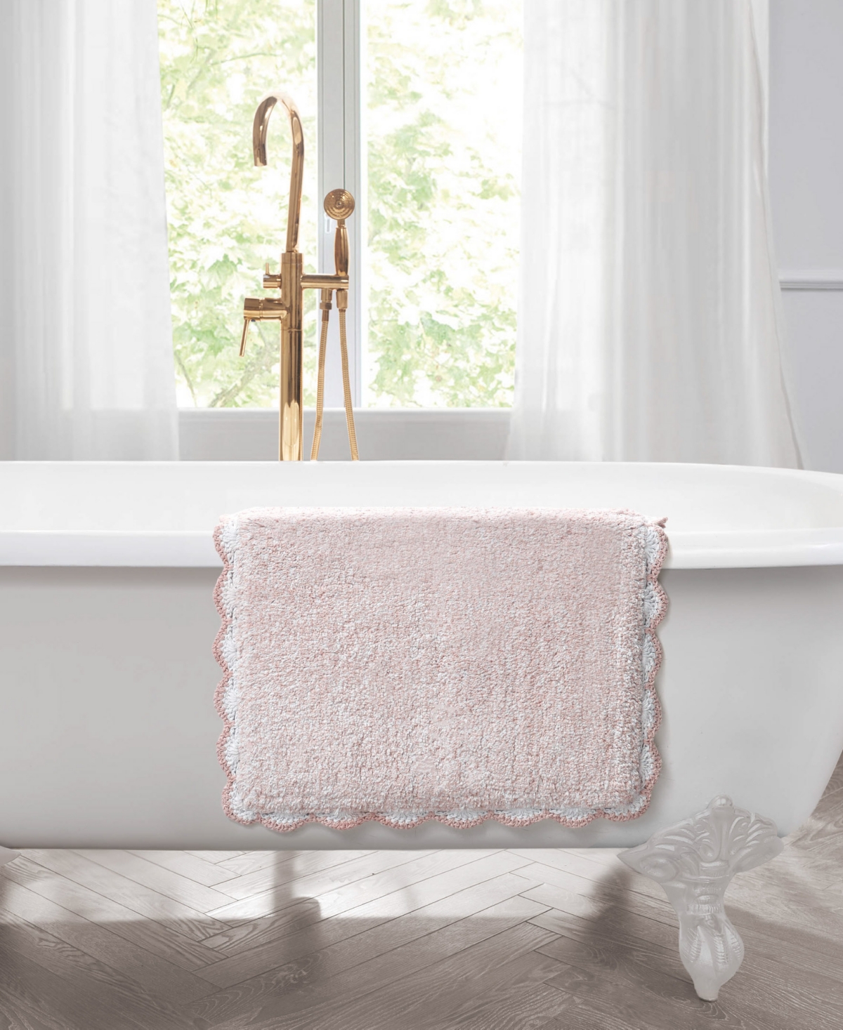 Laura Ashley Heathered Crochet Border Cotton Bath Rug, 17" X 24" In Pink
