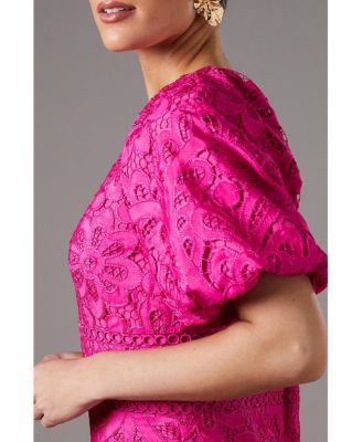 Women's Lace Hanky Hem Puff Sleeve Dress