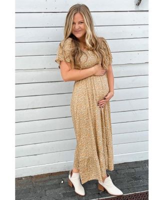Maternity Mustard Floral Smocked Maxi Dress