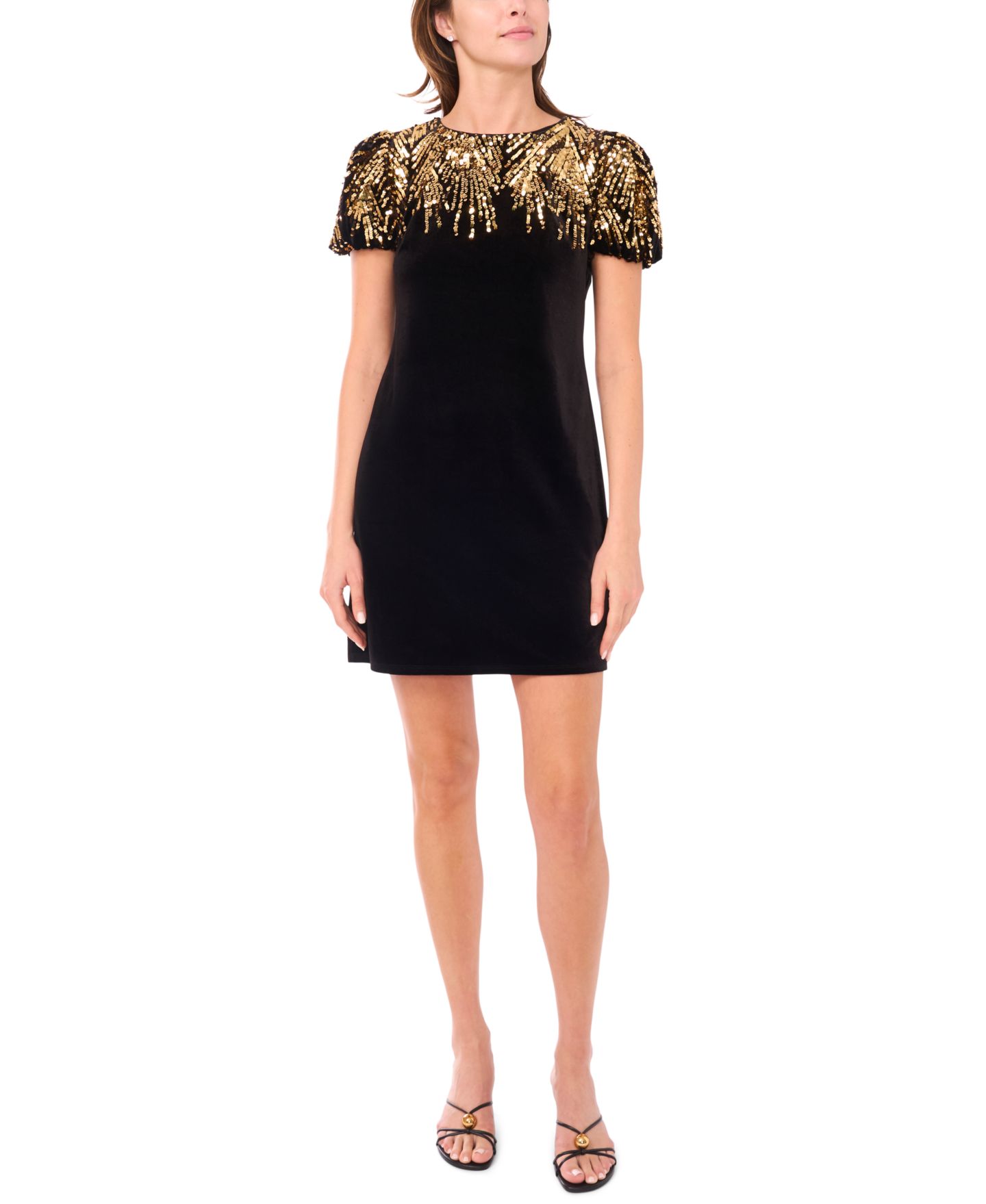 Женское платье CeCe Embellished Scoop Neck Short Puff- Sleeve Velvet, цвет: Насыщенный чёрный — фото 1
