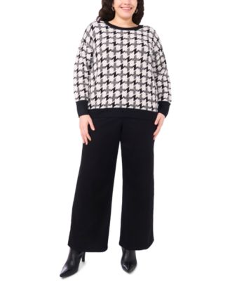 Plus Size Houndstooth Long Sleeve Crewneck Sweater