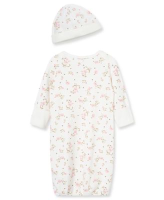 Baby Girls 2-Piece Vintage Rose Print Gown and Beanie Pajama Set