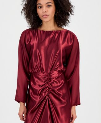 Women's Ruched Dolman-Sleeve Boat-Neck Midi Dress