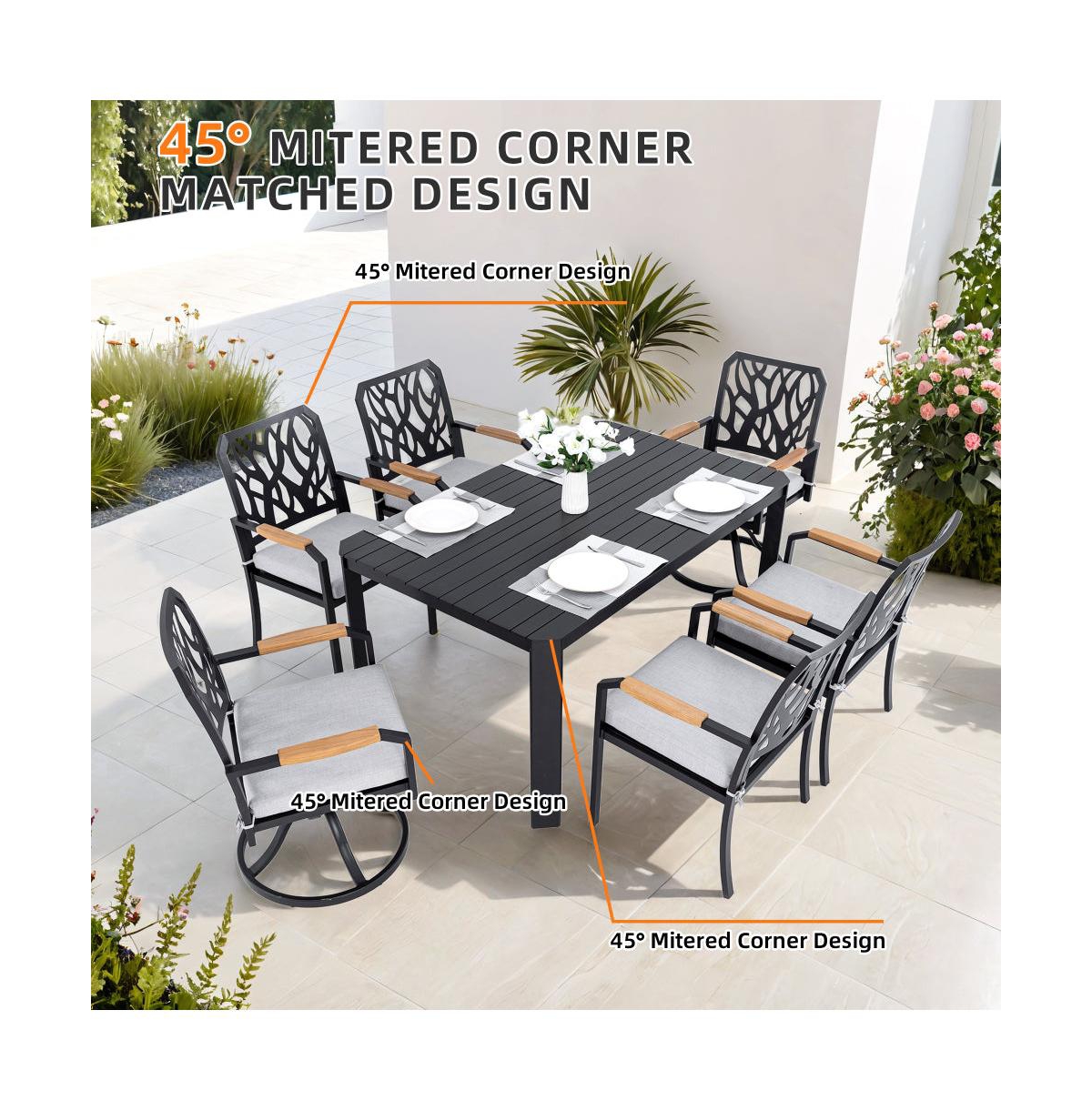 Chic Crate - 7-Piece Aluminum Patio Furniture Set - Modern Outdoor Dining with 4 Chairs & 2 Swivel Rockers