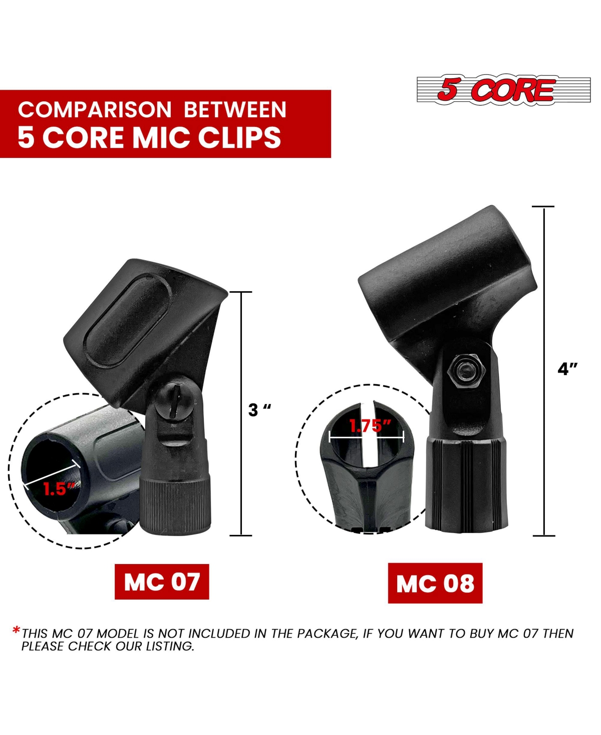 5 Core Microphone Clip Holder 2 Pieces with Screw Adapters 5/8 to 3/8 Inch
