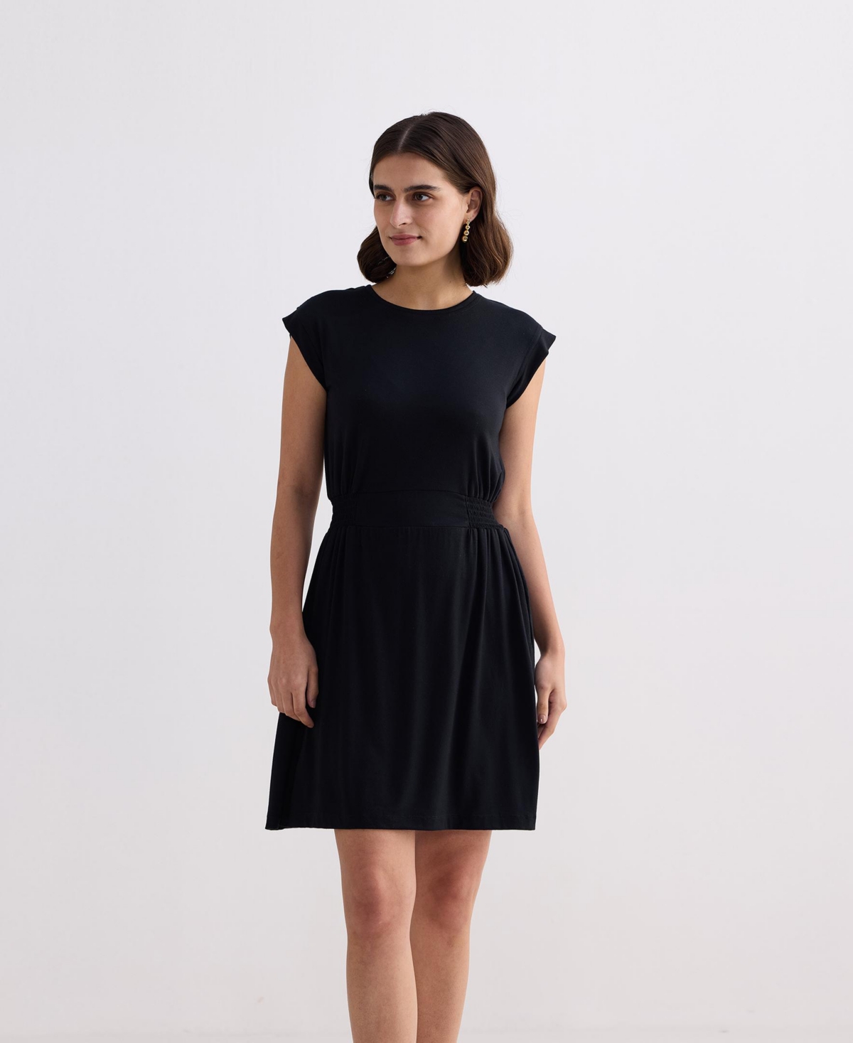 Reistor Women's Short Dress With Smocking Side Detail Black