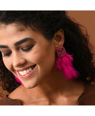Women's Pink  Beaded Feather Drop Earrings