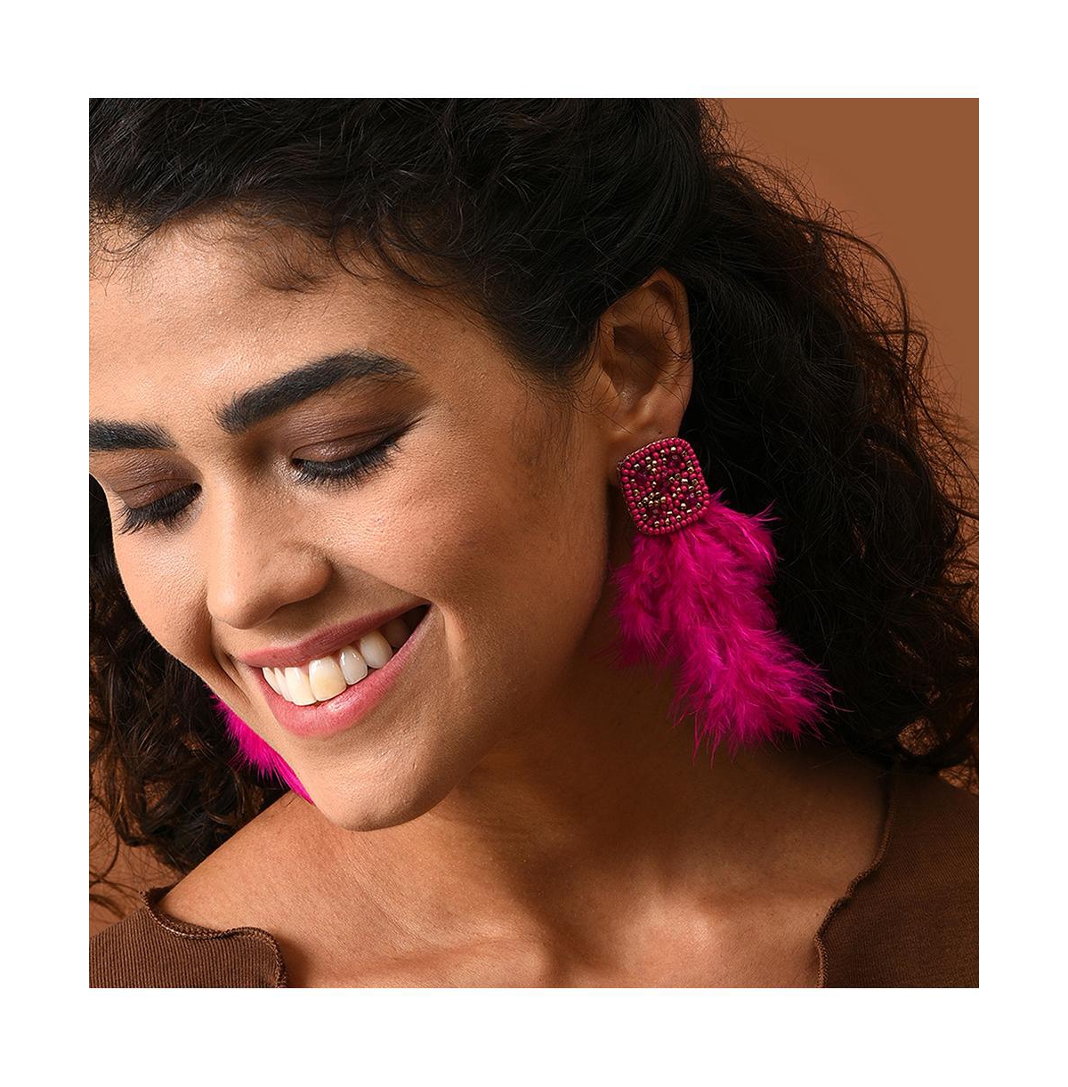 Sohi Women's Pink Beaded Feather Drop Earrings In Pink