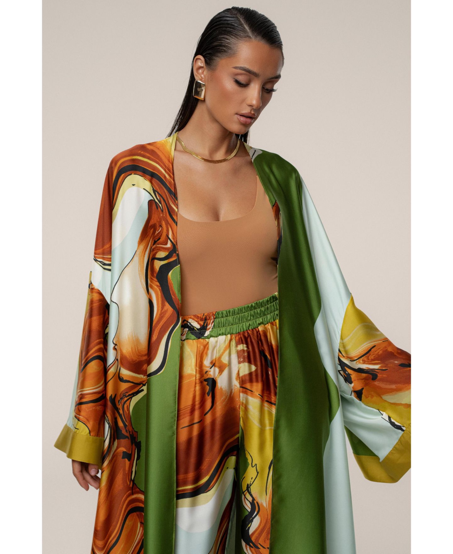 Женские куртки JLUXLABEL Nola Maxi Duster, цвет: Зелёный с принтом — фото 8