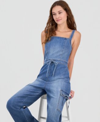 Juniors' Tie-Waist Denim Wide-Leg Jumpsuit