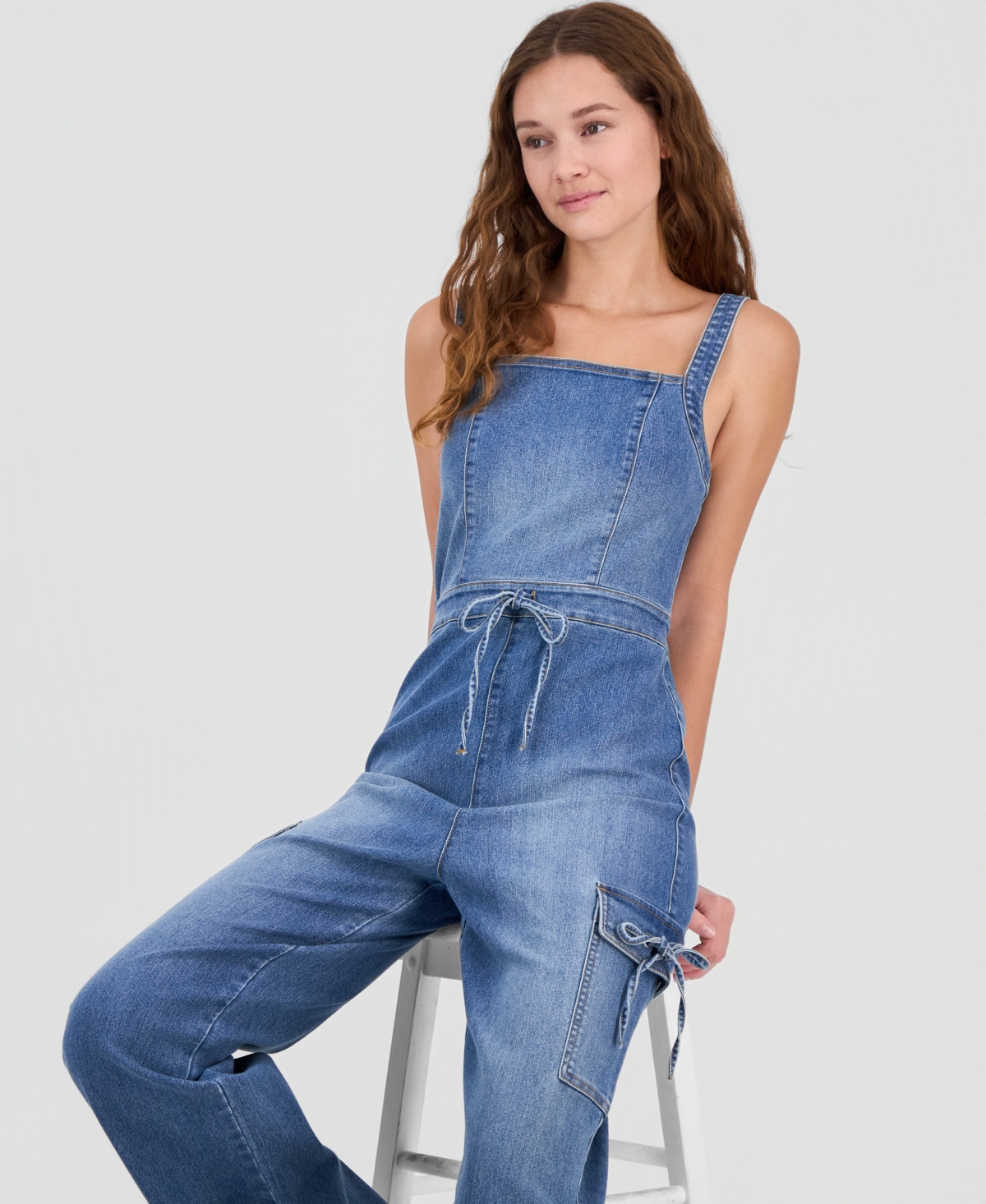 Tinseltown Juniors' Tie-Waist Denim Wide-Leg Jumpsuit