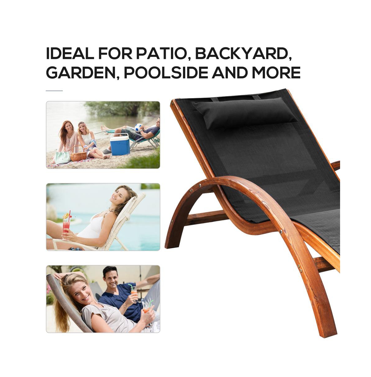 Chic Crate - Black Outdoor Chaise Lounge Chair with Breathable Sling Mesh and Comfortable Curved Design for Patio Relaxation