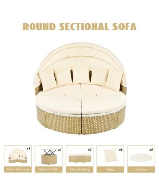 - Rattan Daybed Outdoor Sectional Sofa Set - Retractable Canopy - Beige