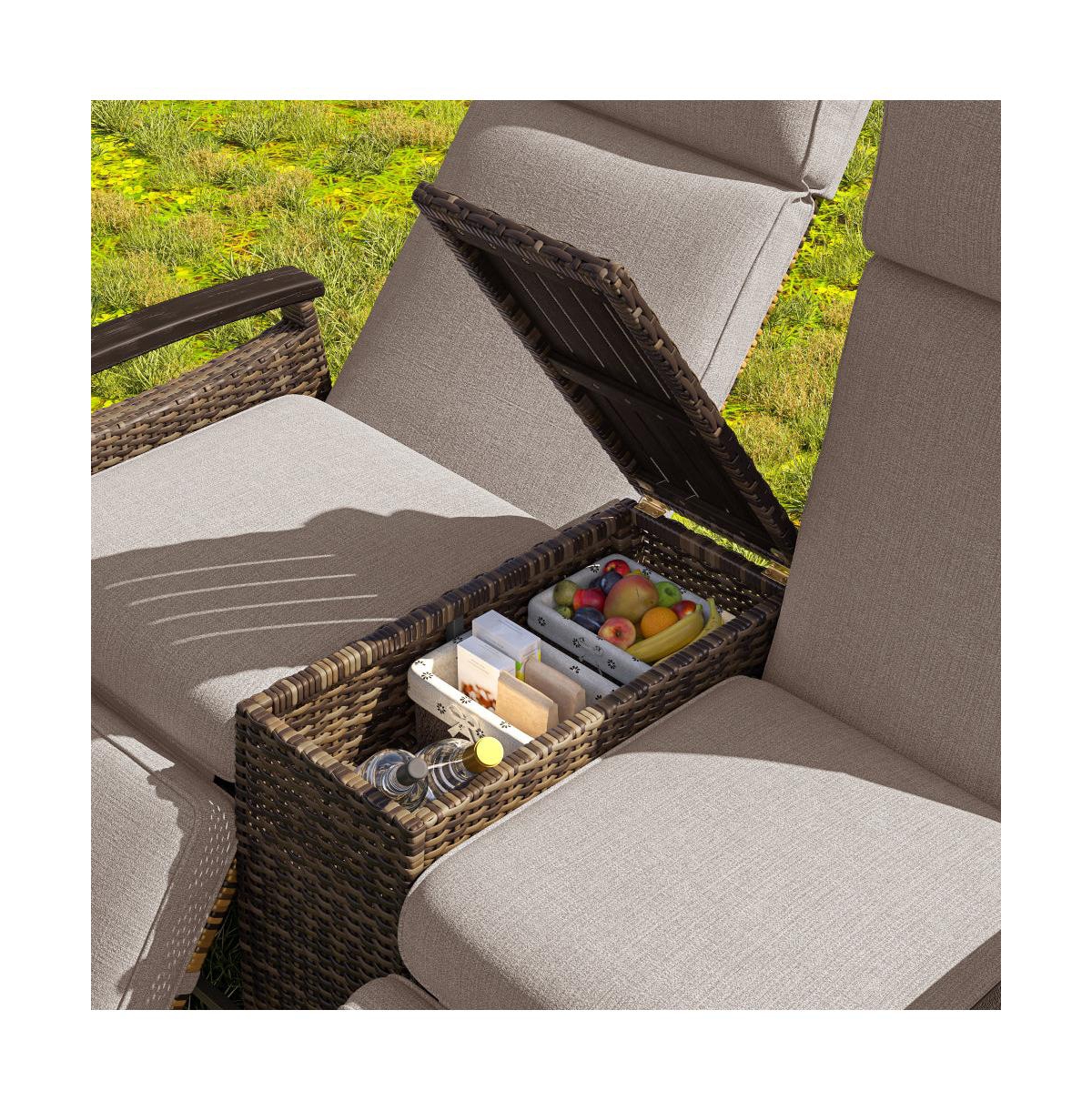 Chic Crate-Adjustable Backrest Wicker Outdoor Recliner Loveseat Set with Acacia Wood Armrests & Built-in Storage Table (Brown)