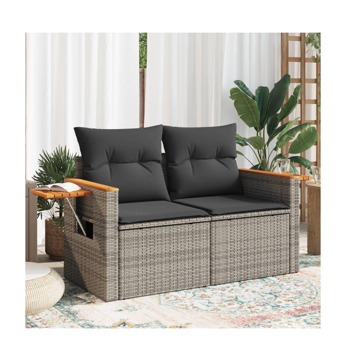 Garden Sofa Grey Pe rattan, powder-coated steel, solid acacia wood