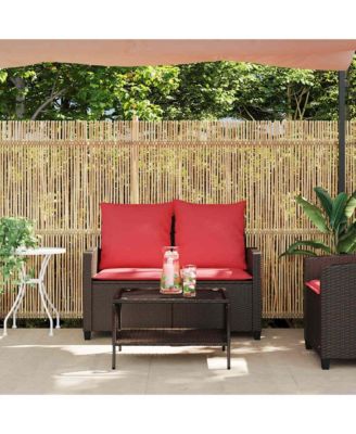 Patio Sofa 2-Seater with Cushions&Table Brown Poly Rattan