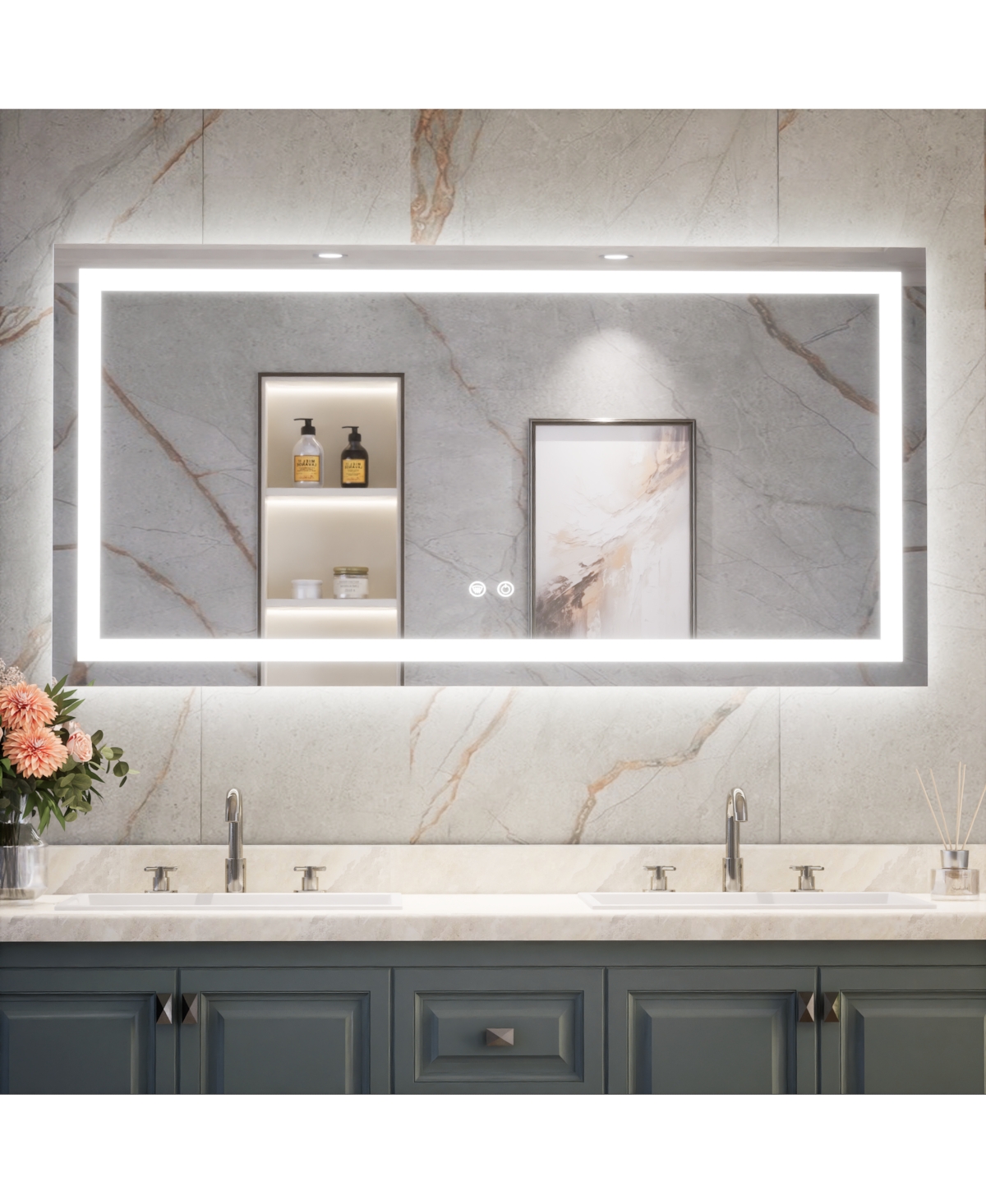 keonjinn Inch Led Bathroom Vanity Mirror Tempered Glass Front & Backlit Dimmable 3 Color Lighted Mirror Anti-fog Memory Function Frameless