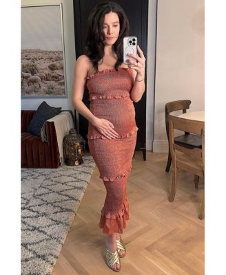 Olive Satin Smocked Fitted Maternity Maxi Dress