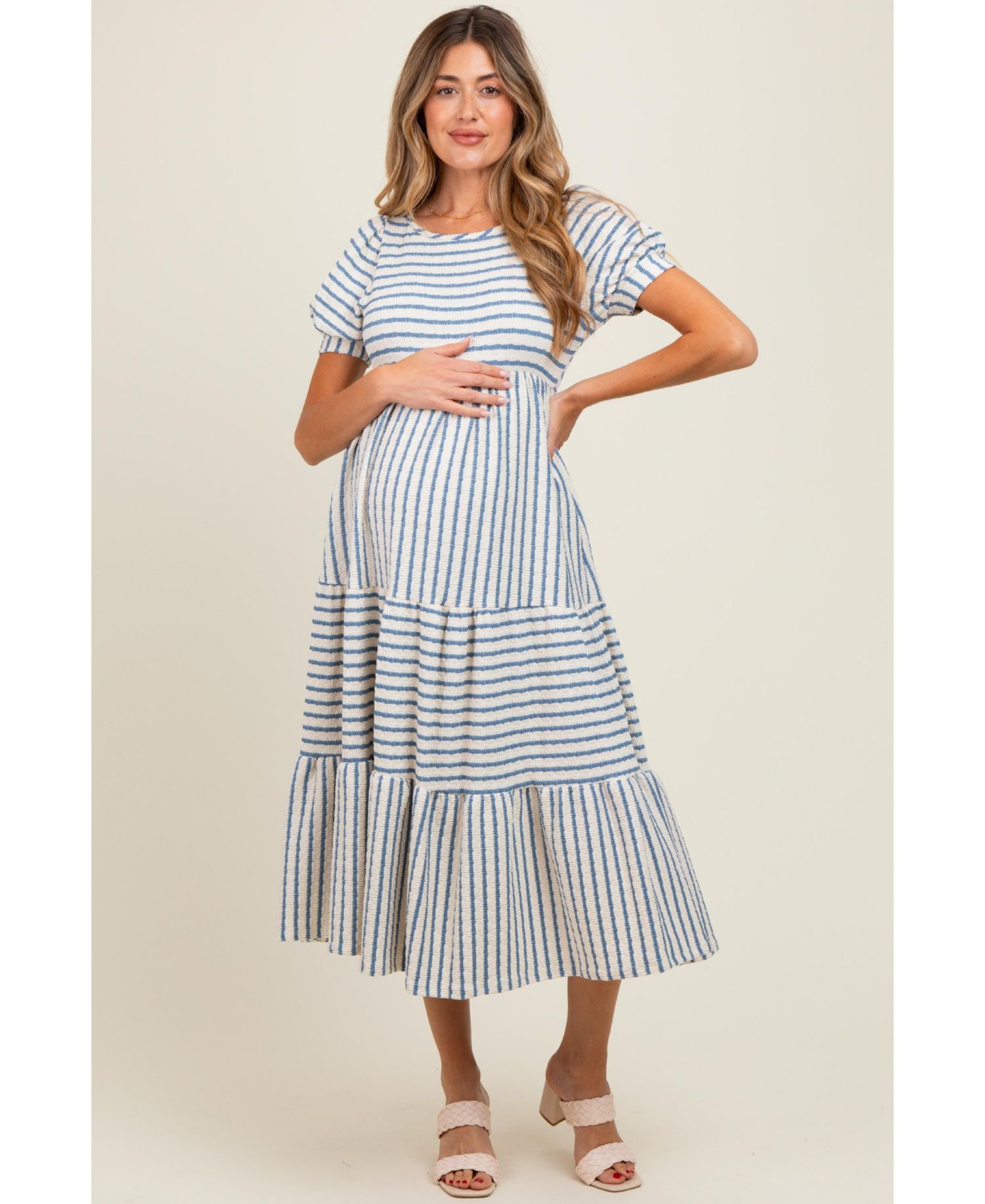 Women's Dusty Olive/ Cream Striped Short Sleeve Tiered Maxi Dress