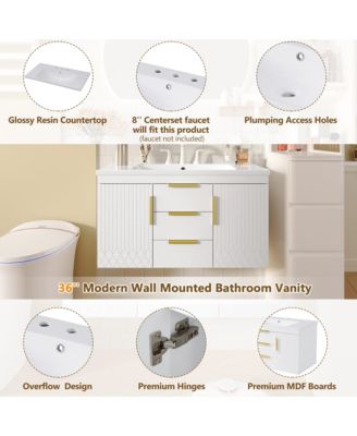 36" Wall-Mounted Floating Bathroom Vanity with Solid Wood Cabinet and 2 Drawers