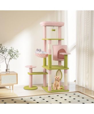 58'' Plush Cat Tree Floral Climbing Tree Multi-level Cat Tower w/ Round Basket