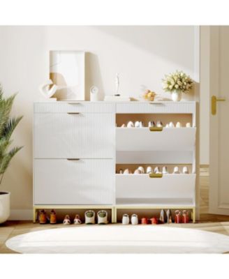 Fluted shoe cabinet with 2 flip drawers, 1 drawer, and a hook. Modern farmhouse style with metal legs. Perfect for narrow entryways,White