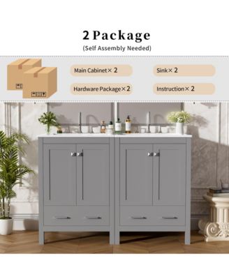 48" Rubberwood & MDF Divided Drawer Storage, Bathroom Vanity with Integrated Undermount Ceramic Sink