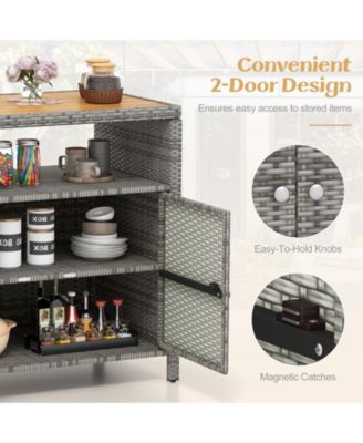 Rattan Storage Cabinet with Acacia Wood Countertop for Poolside Deck and Patio
