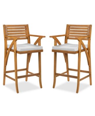 Set of 2 Outdoor Acacia Wood Bar Stools Bar Chairs with Weather-Resistant Cushions