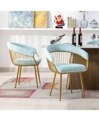 6 Pc. Gray Velvet Upholstered Metal Frame Armrest Mid-Century Side Dining Chair Set