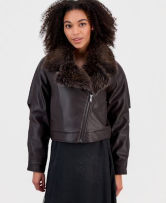 And Now This - Women's Faux-Fur-Trim Faux Leather Moto Jacket