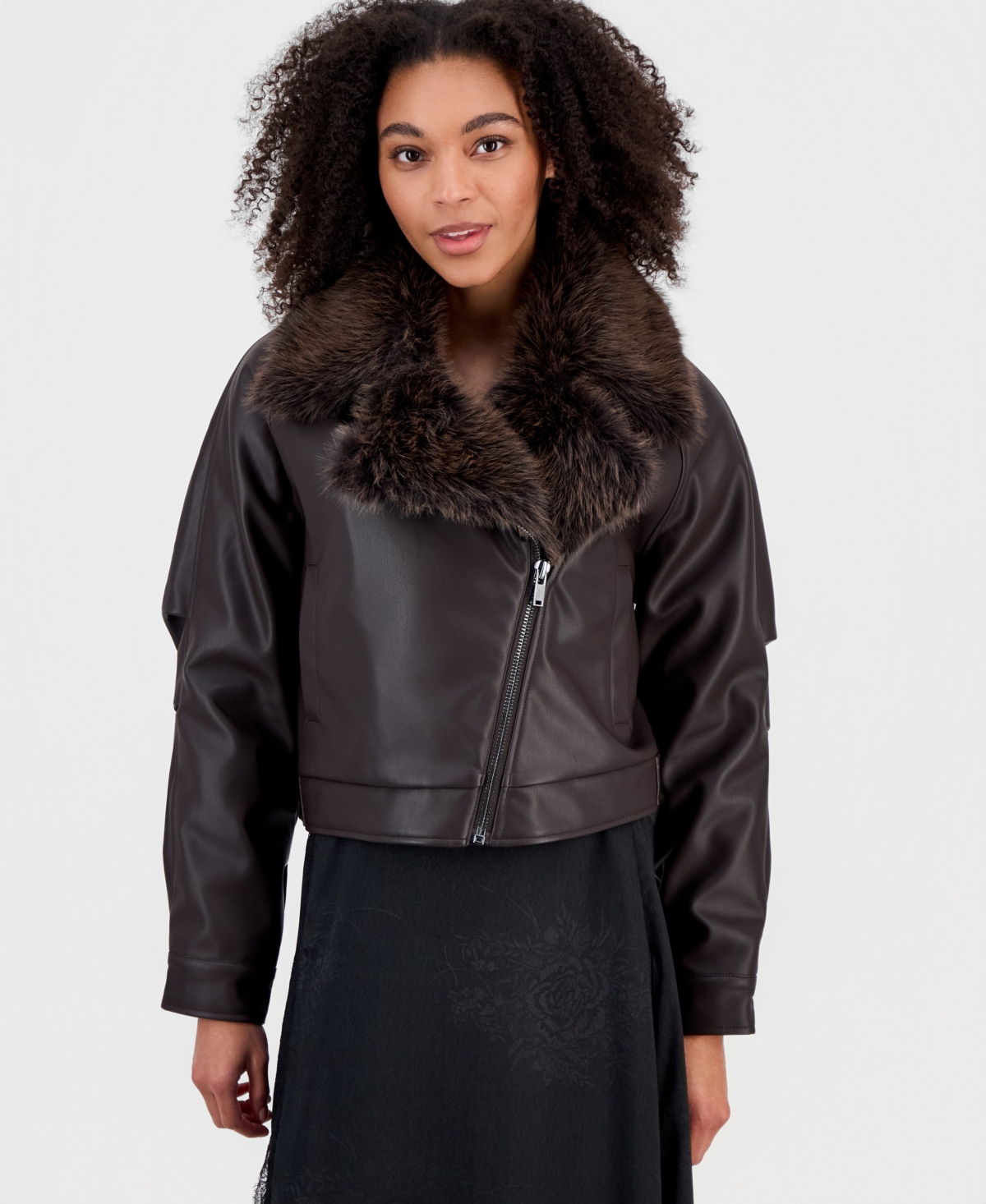 And Now This Women's Faux-fur-trim Faux Leather Moto Jacket, Macy's Exclusive In Brown