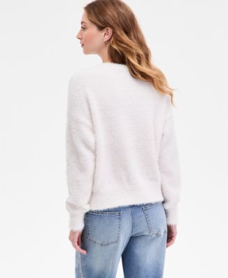 Juniors' Rose-Print Eyelash-Texture Sweater