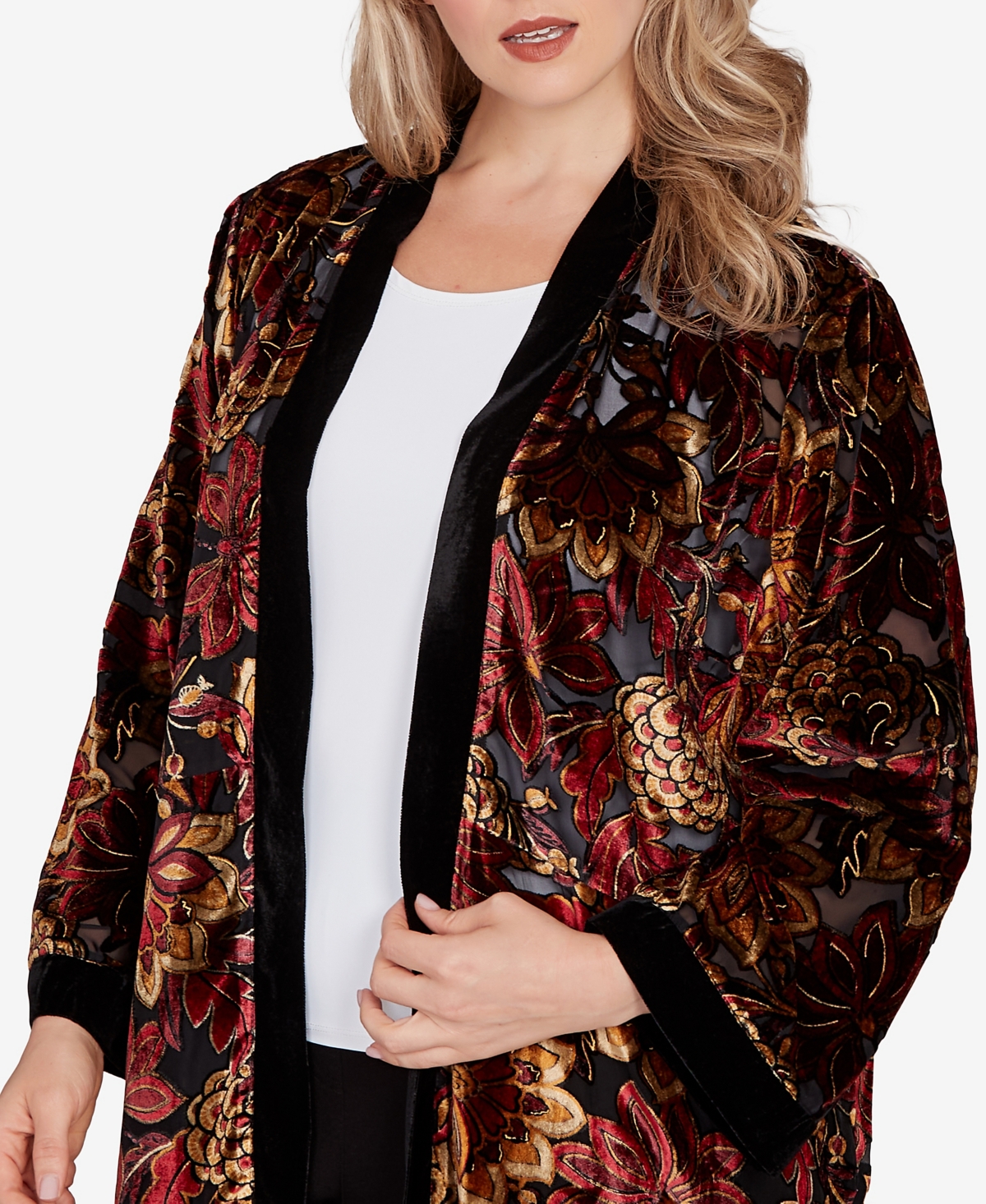 Ruby Rd. Plus Size Printed Velvet Burnout Open Cardigan Jacket In Multi