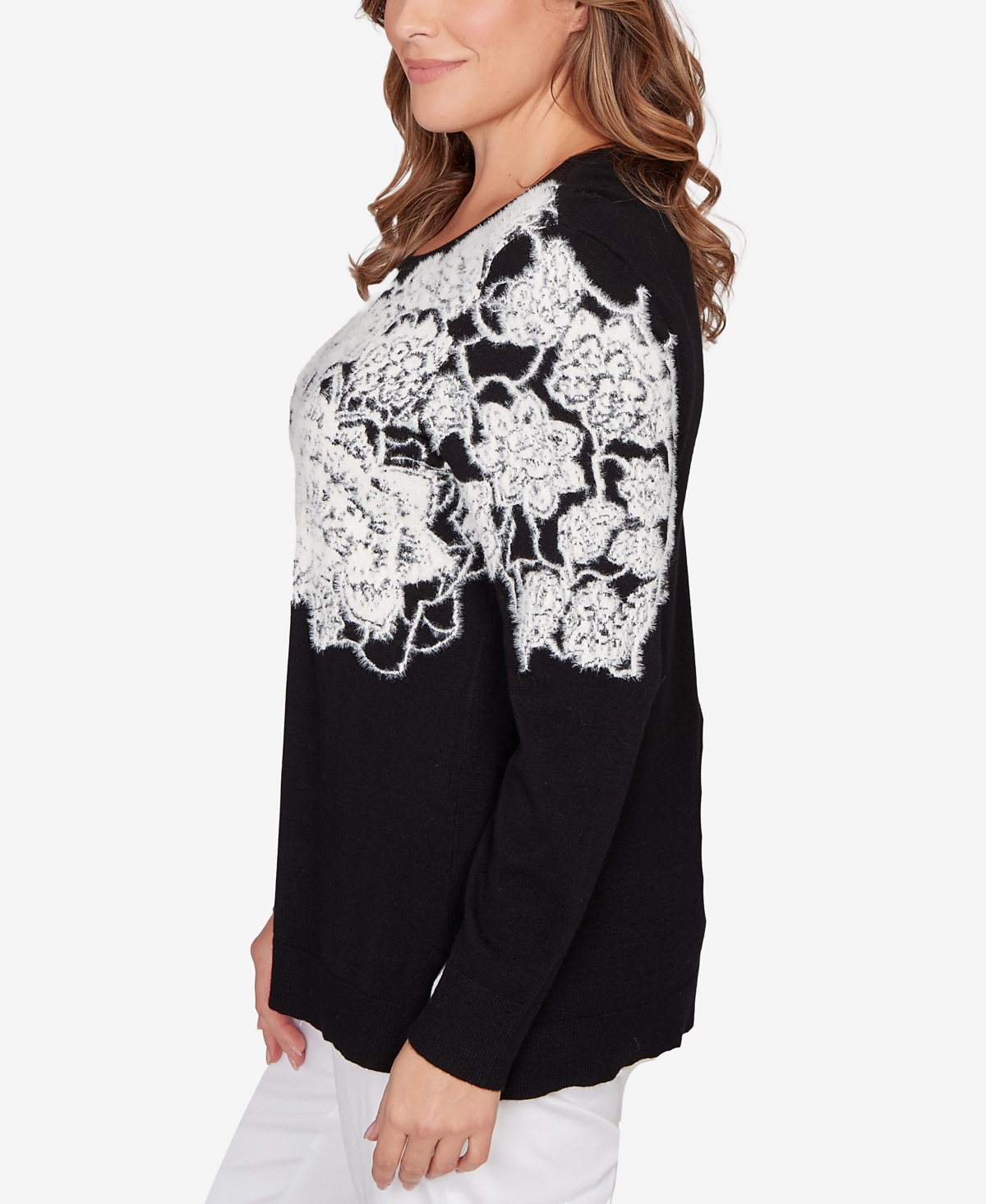 Ruby Rd. Plus Size Floral Placement Eyelash Sweater In Black