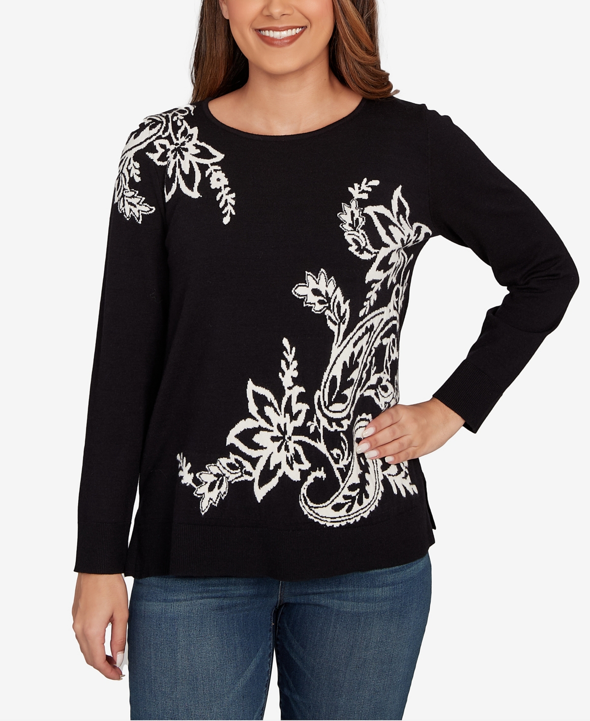 Ruby Rd. Plus Size Floral Paisley Jacquard Sweater In Black
