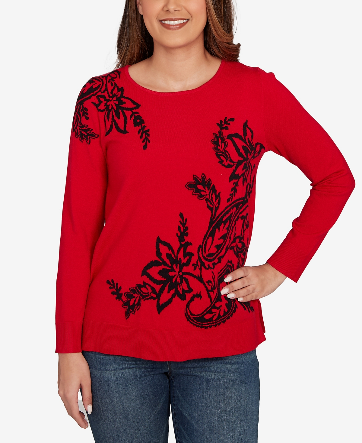 Ruby Rd. Plus Size Floral Paisley Jacquard Sweater In Red