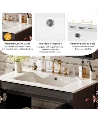 30" Solid Wood & MDF Bathroom Vanity with Ceramic Sink, Soft-Close Doors & Adjustable Shelf Storage Cabinet