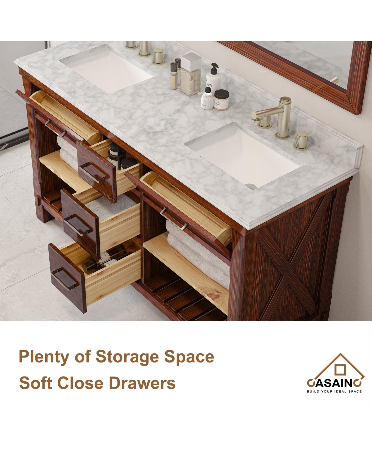 Casainc 60-Inch Solid Wood Bathroom Vanity with Marble Bullnose Top and Ceramic Basin