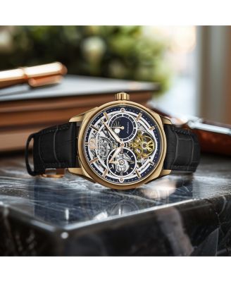 Vanguard 1019.04 Legacy Collection Dual Time Automatic Skeleton Watch 42mm Rose Gold Tone Black Dial Leather Strap
