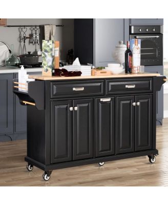 Farmhouse 60.5"L x 18.13"W x 36.75"H Kitchen Island Cart with Solid Wood Top, Ample Storage, Towel Rack & Locking Wheels