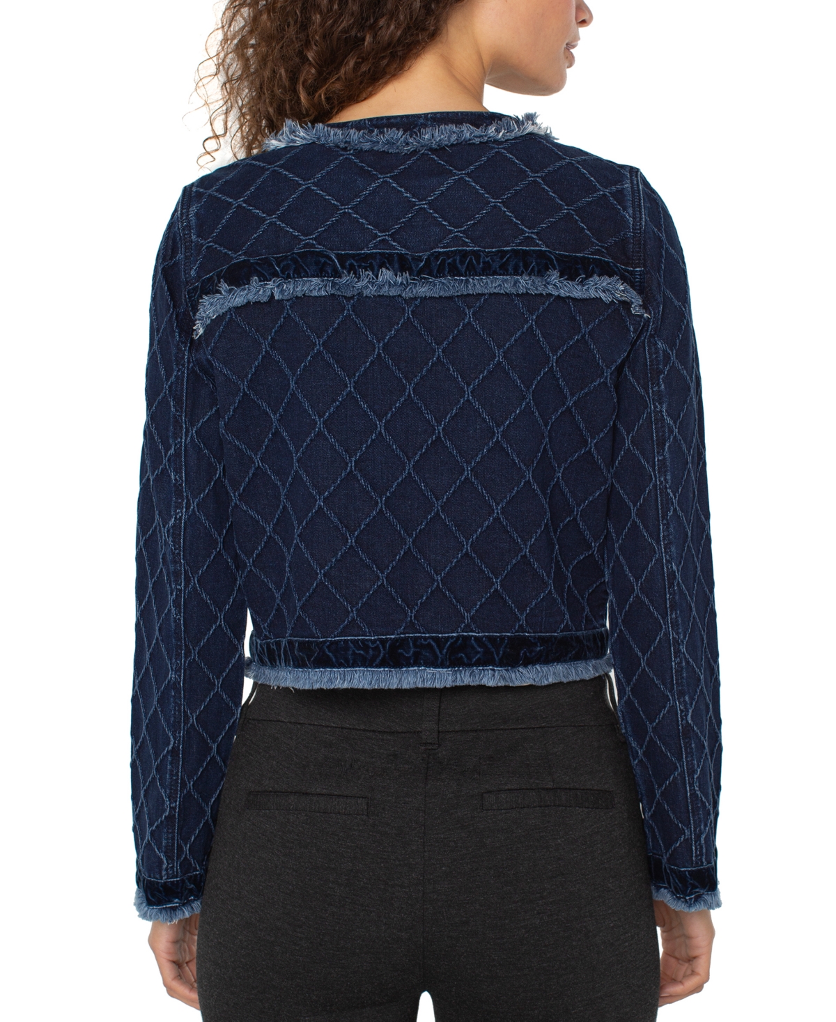Liverpool Los Angeles Frayed Velvet Trim Denim Jacket In Blue