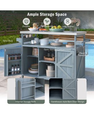 Outdoor Kitchen Island Cart with Storage, Solid Wood BBQ Grill Station with Stainless Steel Top, Spice Rack & Towel Bar