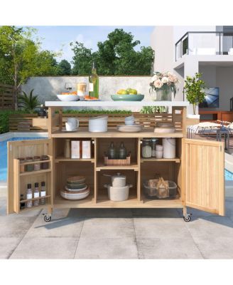 Outdoor Kitchen Island Cart with Storage, Solid Wood BBQ Grill Station with Stainless Steel Top, Spice Rack & Towel Bar