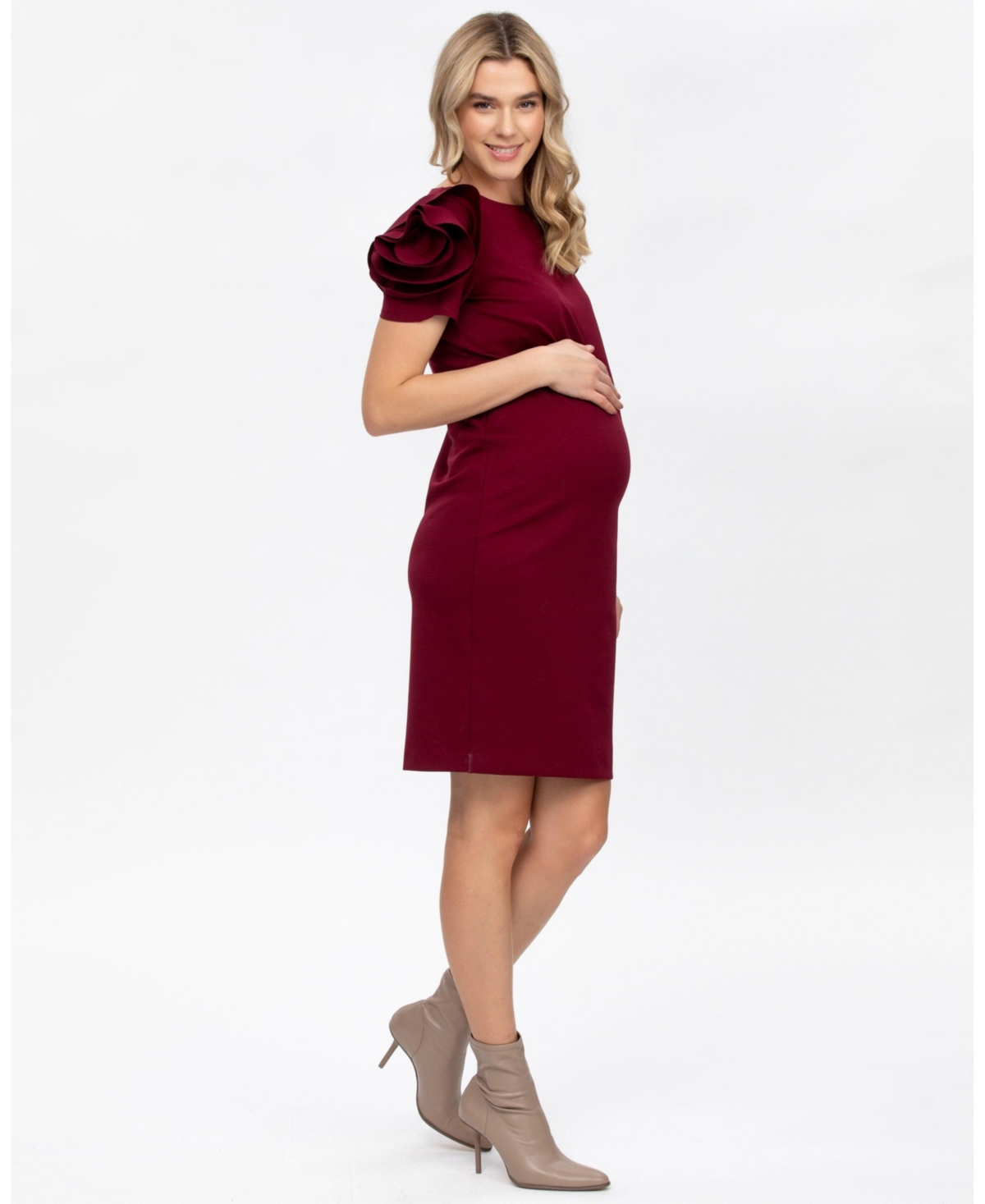 Pietro Brunelli Maternity Maternity Sheath Capri Dress With Rose Sleeve Detail In Burgundy