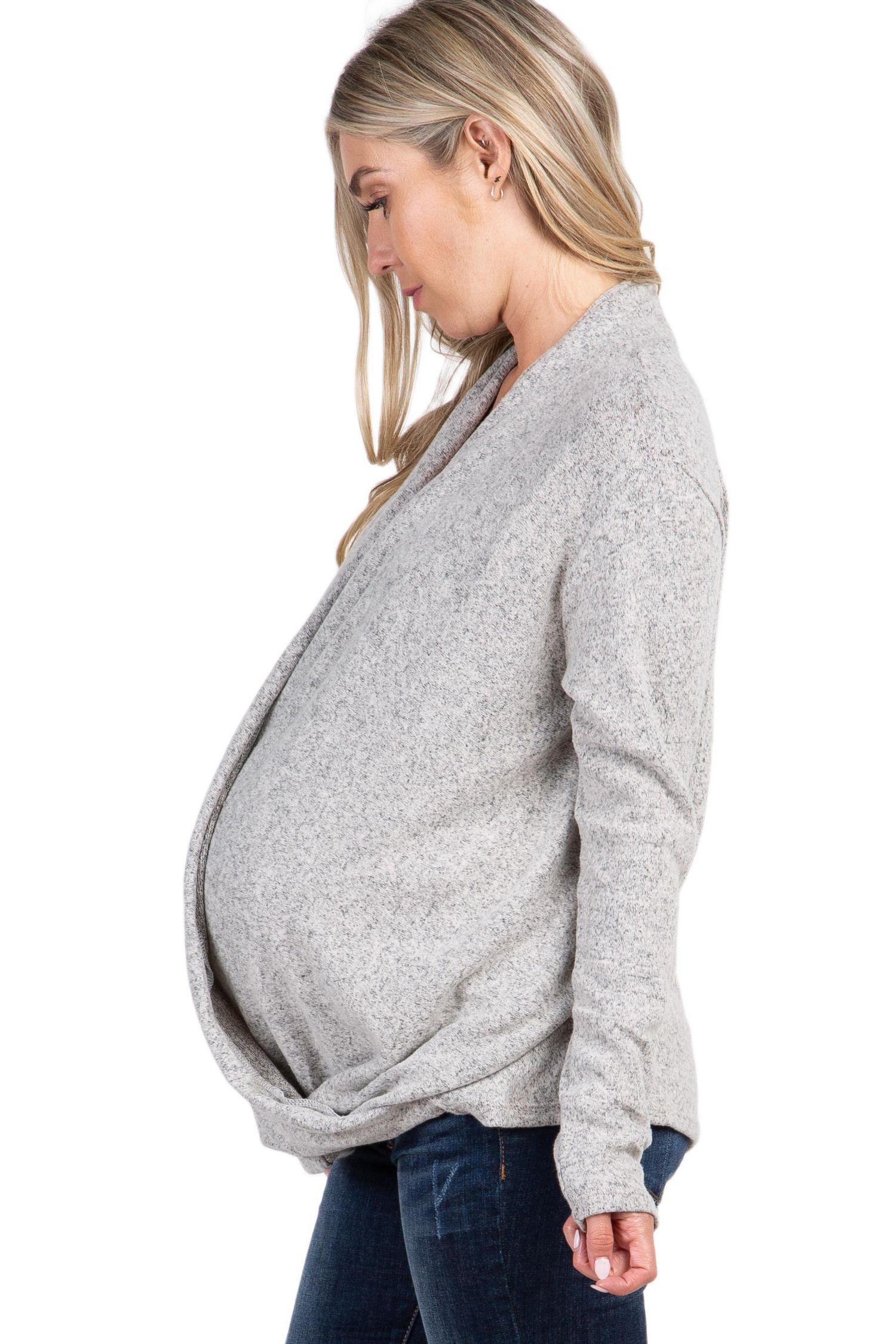 Maternity Beige Knit Draped Wrap V-Neck Nursing Top
