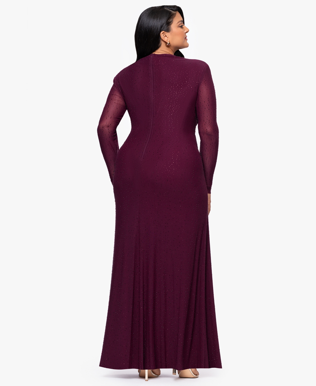 Betsy & Adam Plus Size Long-sleeve Asymmetrical Neck Ballgown In Purple
