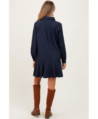 Camel Striped Long Sleeve Drop Waist Maternity Polo Dress