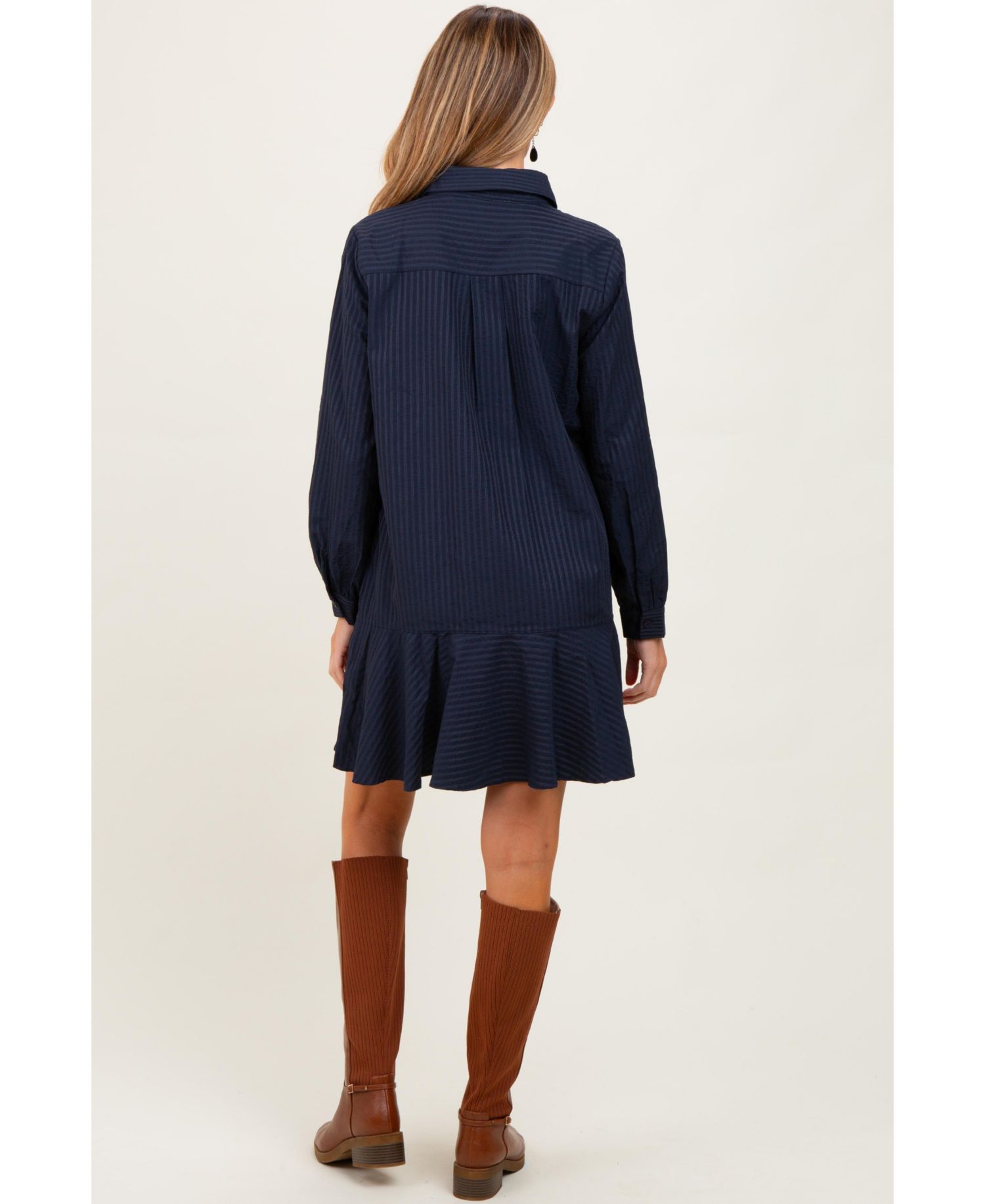 Women's Camel Striped Long Sleeve Drop Waist Polo Dress